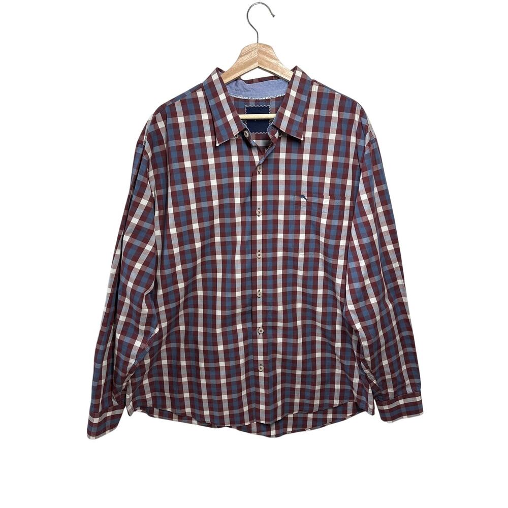 Tommy Bahama Pima Cotton Plaid Shirt XXL Button Down LS Burgundy Blue Pocket